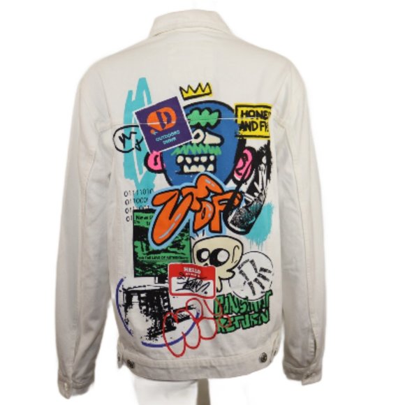 Zara Denim Jacket Unisex Size Small Distressed White/Cream Graffiti Printed - Picture 2 of 8